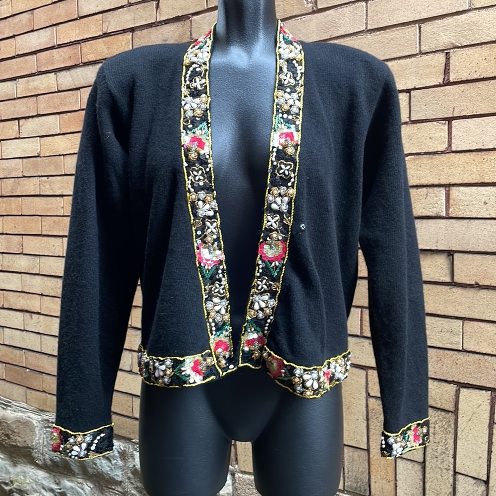 Vintage 80’s Jenna black Lambswool Beaded sequins cropped Cardigan Size Medium